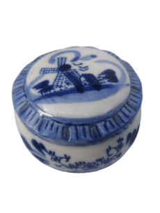 Delft Blue Lidded Trinket Circle Box Windmill Design Hand Painted
