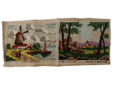 Pair Of Vintage French Needlepoint Landscapes Windmill & Village Embroidered Tapestry Panels Made In France