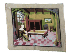 Vintage Needlepoint Interior With Seated Woman Hand Embroidered Tapestry Panel #607