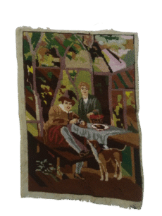 Vintage Hand Embroidered Picnic Scene Tapestry Needlepoint Art With Figures And Dog