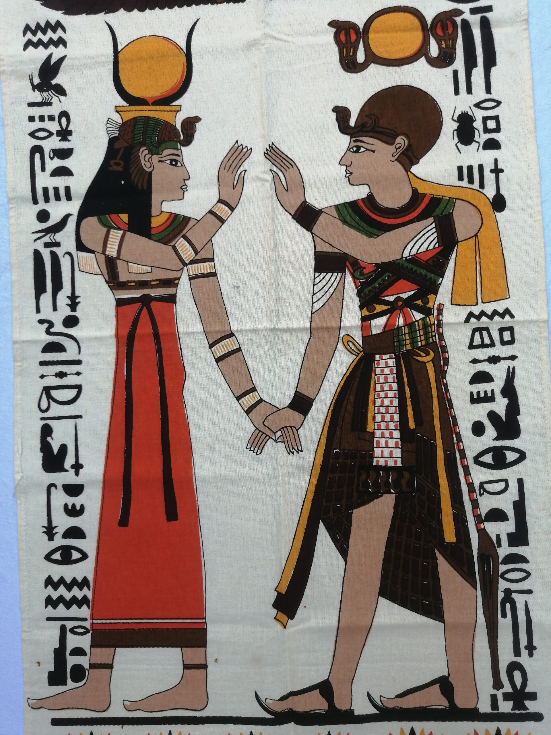 Authentic Egyptian Fabric Art Goddess Isis & Pharaoh Scene With Hieroglyphics - Image 2