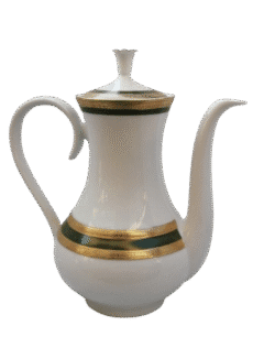 Vintage Bavaria Vohenstrauss Johann Seltmann German Porcelain Coffee Pot with Gold and Emerald Banding