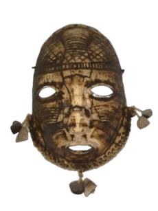 Vintage Hand-Carved African Tribal Mask Made From Turtle Shell With Raffia Tassels