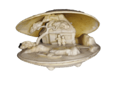 Vintage Hand-Carved Japanese Clam Shell Diorama Village Scene Miniature Art