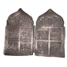 Antique 19th Century Russian Orthodox Bronze Diptych Travel Icon Life of Christ Scenes