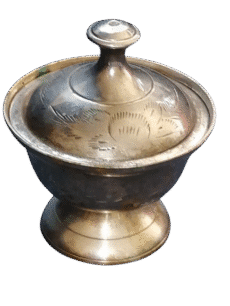 Small Ceremonial Cup with Lid, Brass with Nickel Plated Etched Botanical Motif