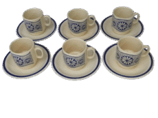 Vintage Faianta Sighisoara Romanian Ceramic Coffee Set 6 Cups With Saucers Hand-Painted Blue Floral