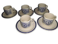 Vintage Faianta Sighisoara Romanian Ceramic Coffee Set 5 Cups With Saucers Hand-Painted Blue Floral